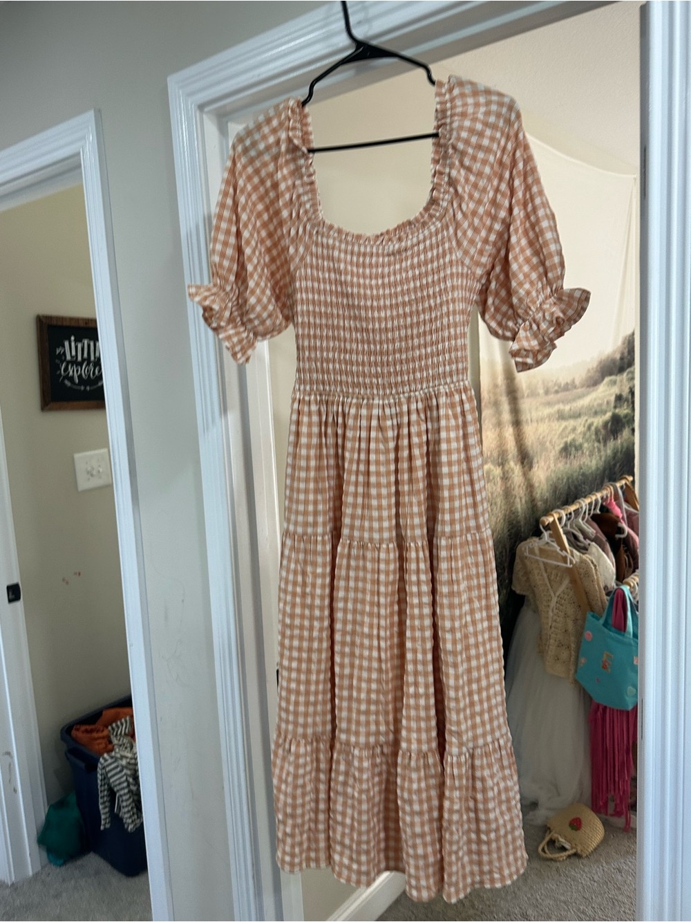 Roolee Beige Gingham Smocked Maxi Dress